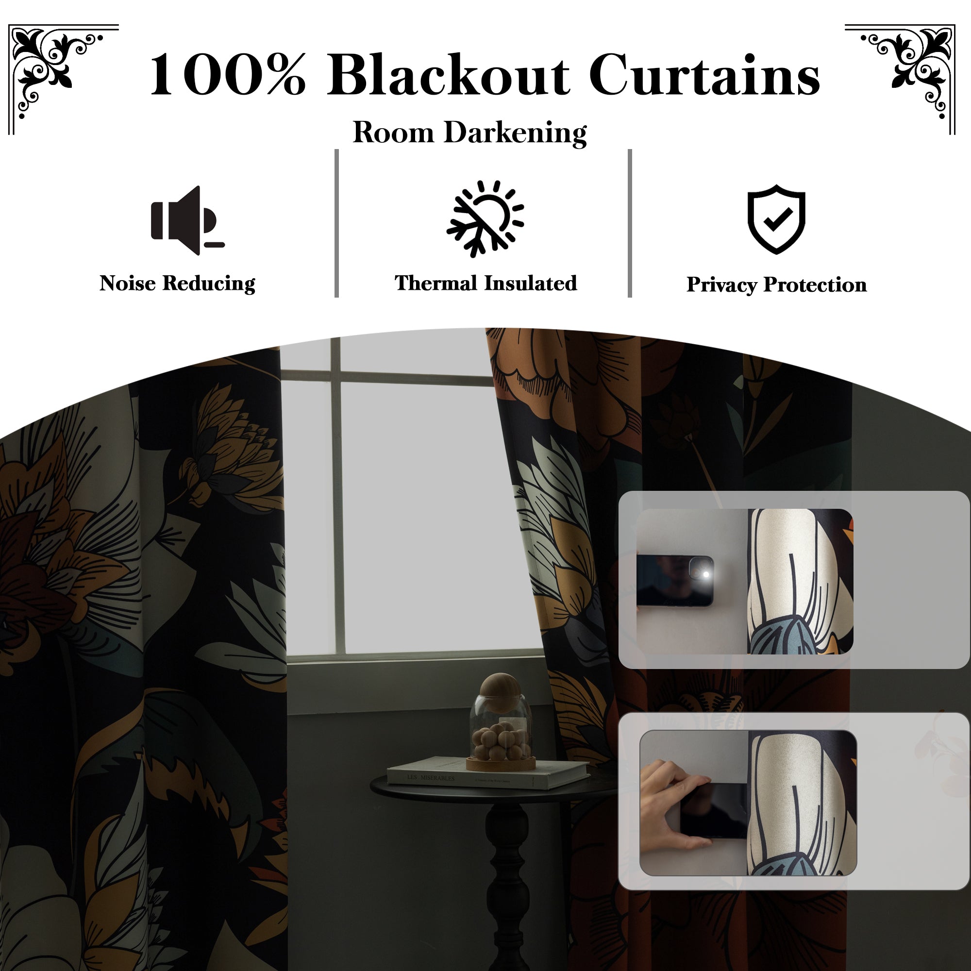 Black Boho Floral 100% Blackout Curtains for Bedroom 84 inch Long 2 Panels Mid Century Botanical Black Out Curtains for Living Room Grommet Thermal Insulated Room Darkening Window Drapes