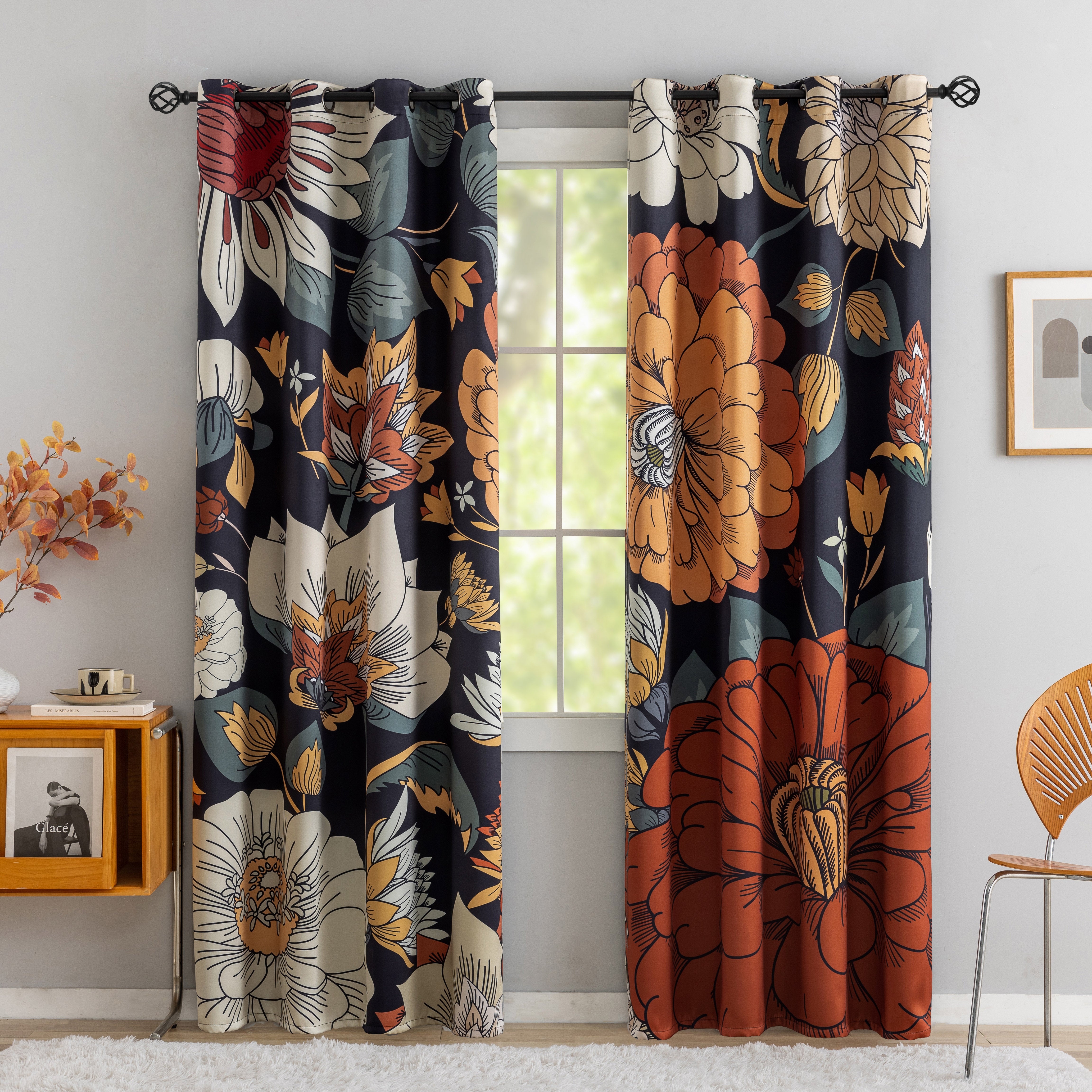 Black Boho Floral 100% Blackout Curtains for Bedroom 84 inch Long 2 Panels Mid Century Botanical Black Out Curtains for Living Room Grommet Thermal Insulated Room Darkening Window Drapes