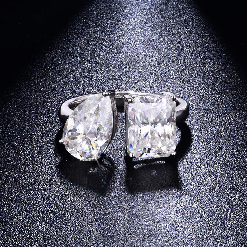 "Hana" 3ct+3ct Pear/Emerald/Radiant Toi Et Moi Moissanite Ring S925
