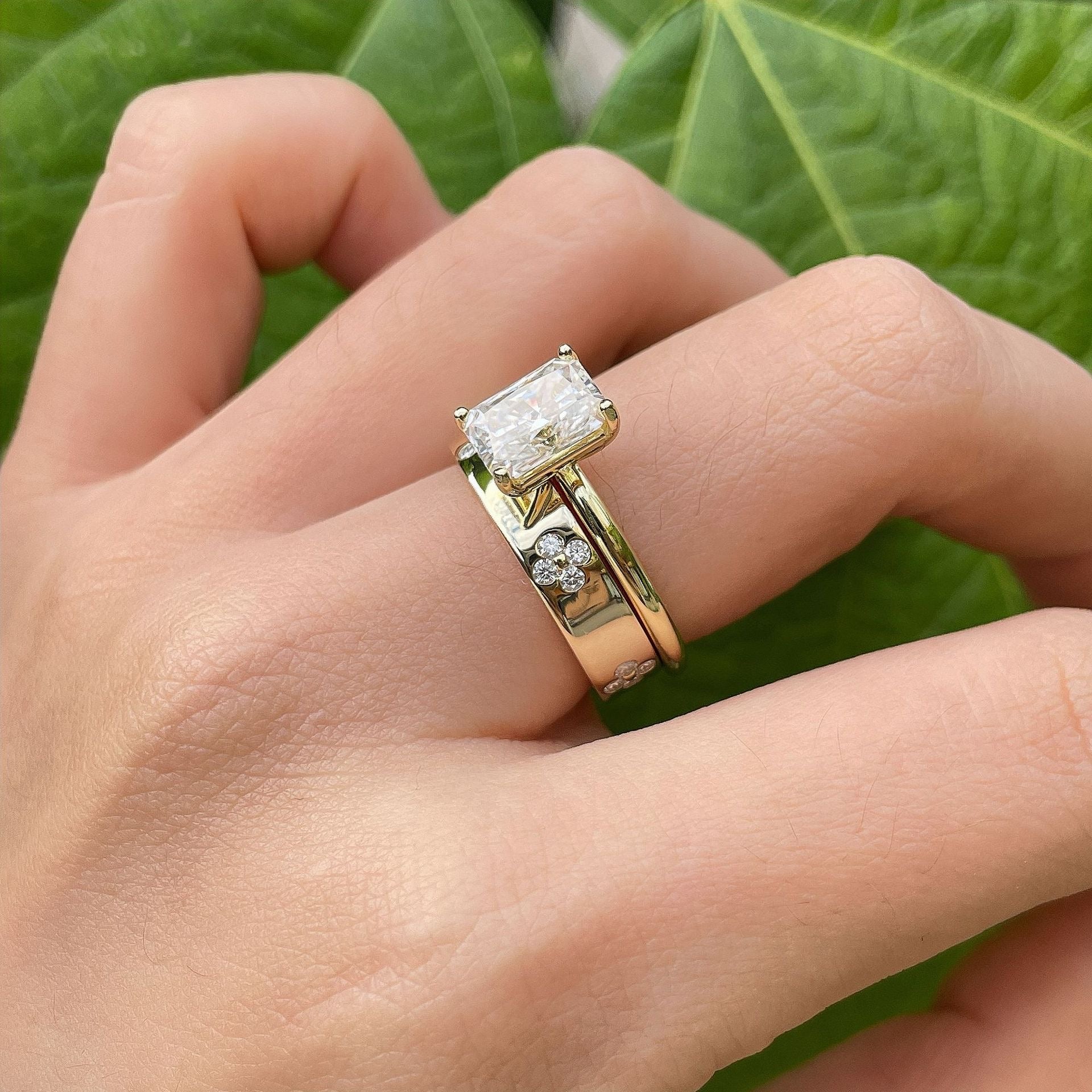 "Clover petal" Vintage Moissanite Engagement Ring Set s925