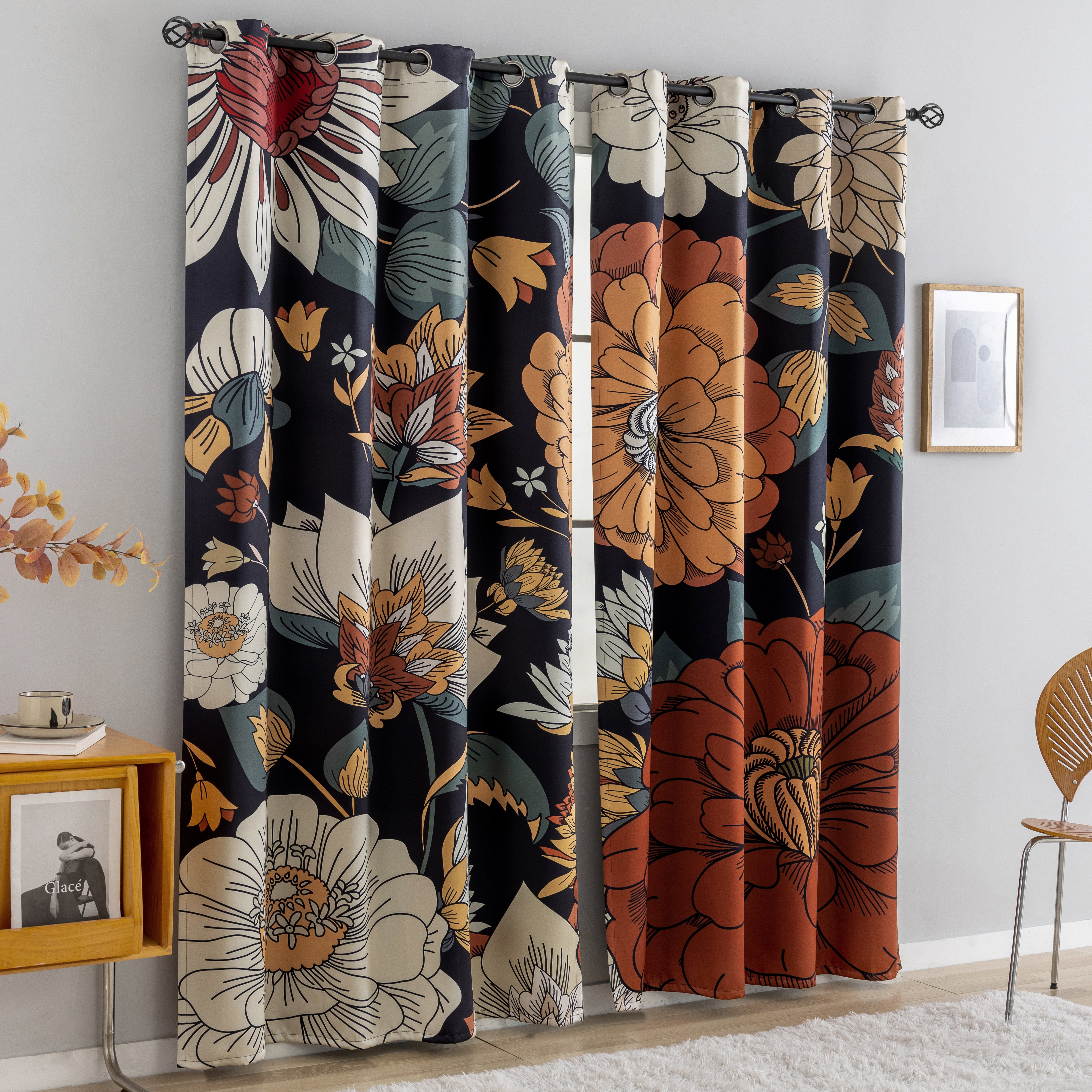 Black Boho Floral 100% Blackout Curtains for Bedroom 84 inch Long 2 Panels Mid Century Botanical Black Out Curtains for Living Room Grommet Thermal Insulated Room Darkening Window Drapes