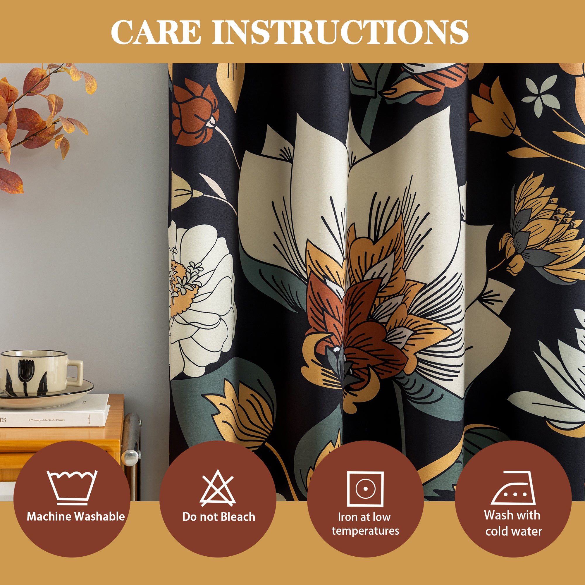 Black Boho Floral 100% Blackout Curtains for Bedroom 84 inch Long 2 Panels Mid Century Botanical Black Out Curtains for Living Room Grommet Thermal Insulated Room Darkening Window Drapes
