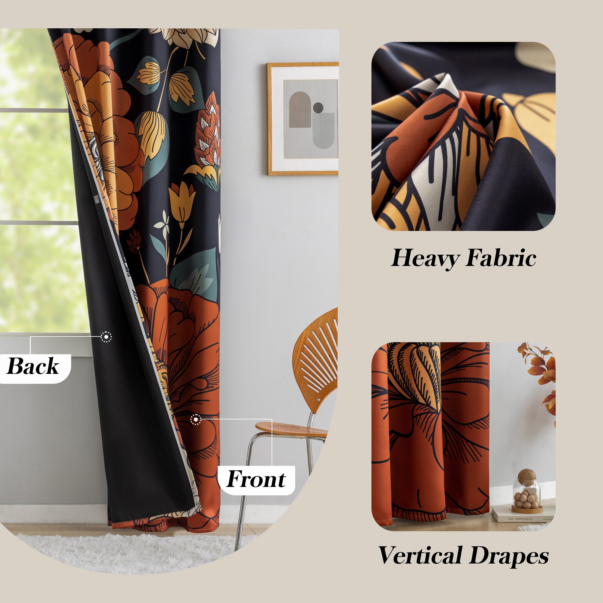 Black Boho Floral 100% Blackout Curtains for Bedroom 84 inch Long 2 Panels Mid Century Botanical Black Out Curtains for Living Room Grommet Thermal Insulated Room Darkening Window Drapes