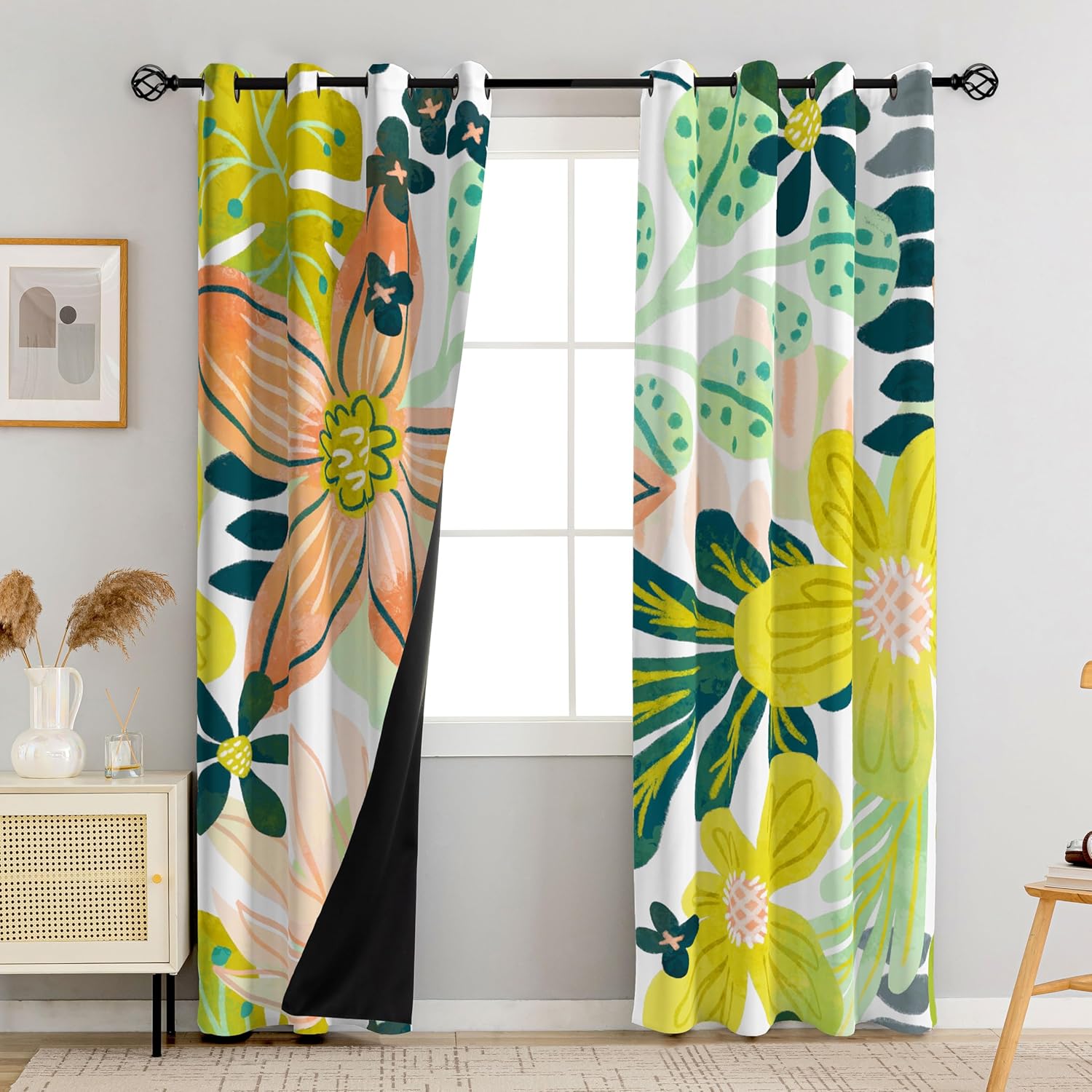 Black Boho Floral 100% Blackout Curtains for Bedroom 84 inch Long 2 Panels Mid Century Botanical Black Out Curtains for Living Room Grommet Thermal Insulated Room Darkening Window Drapes
