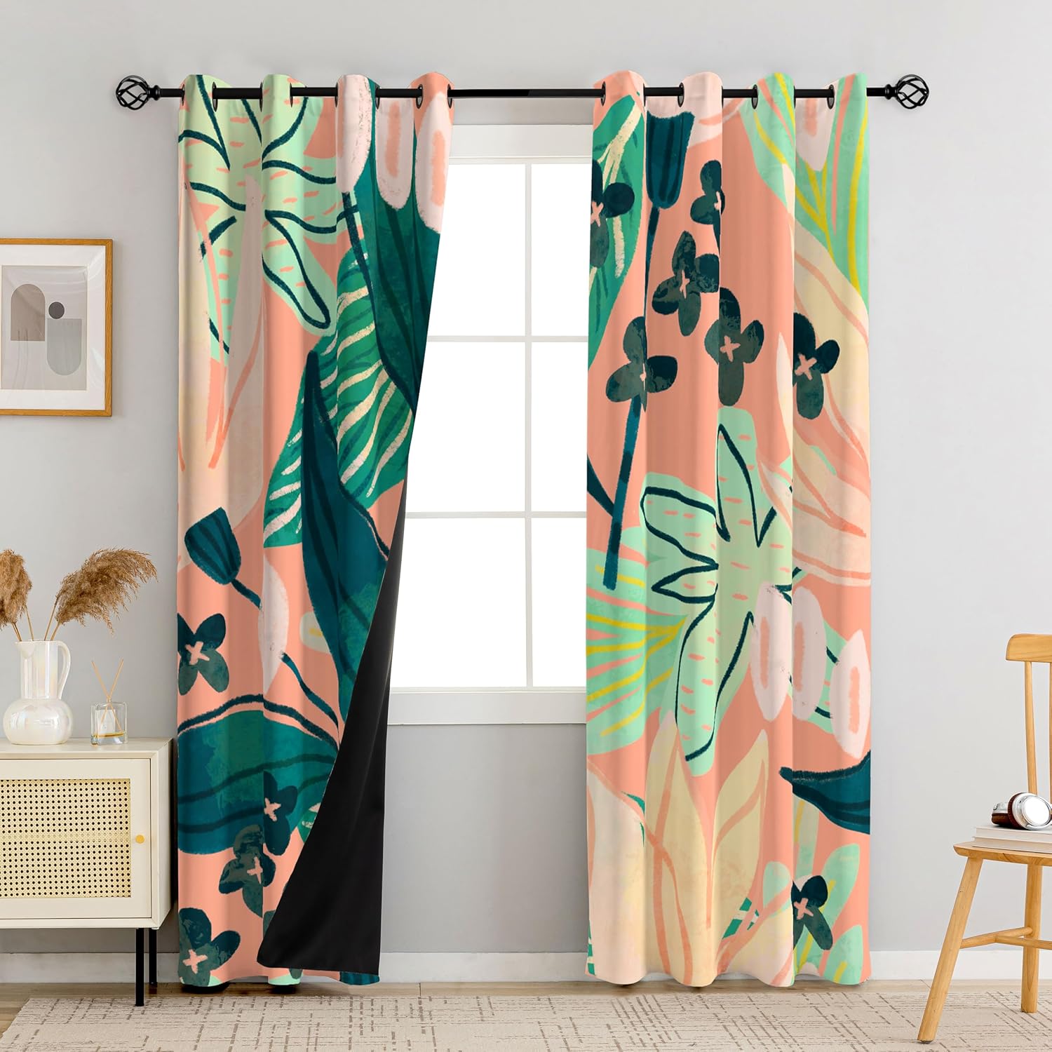 Black Boho Floral 100% Blackout Curtains for Bedroom 84 inch Long 2 Panels Mid Century Botanical Black Out Curtains for Living Room Grommet Thermal Insulated Room Darkening Window Drapes