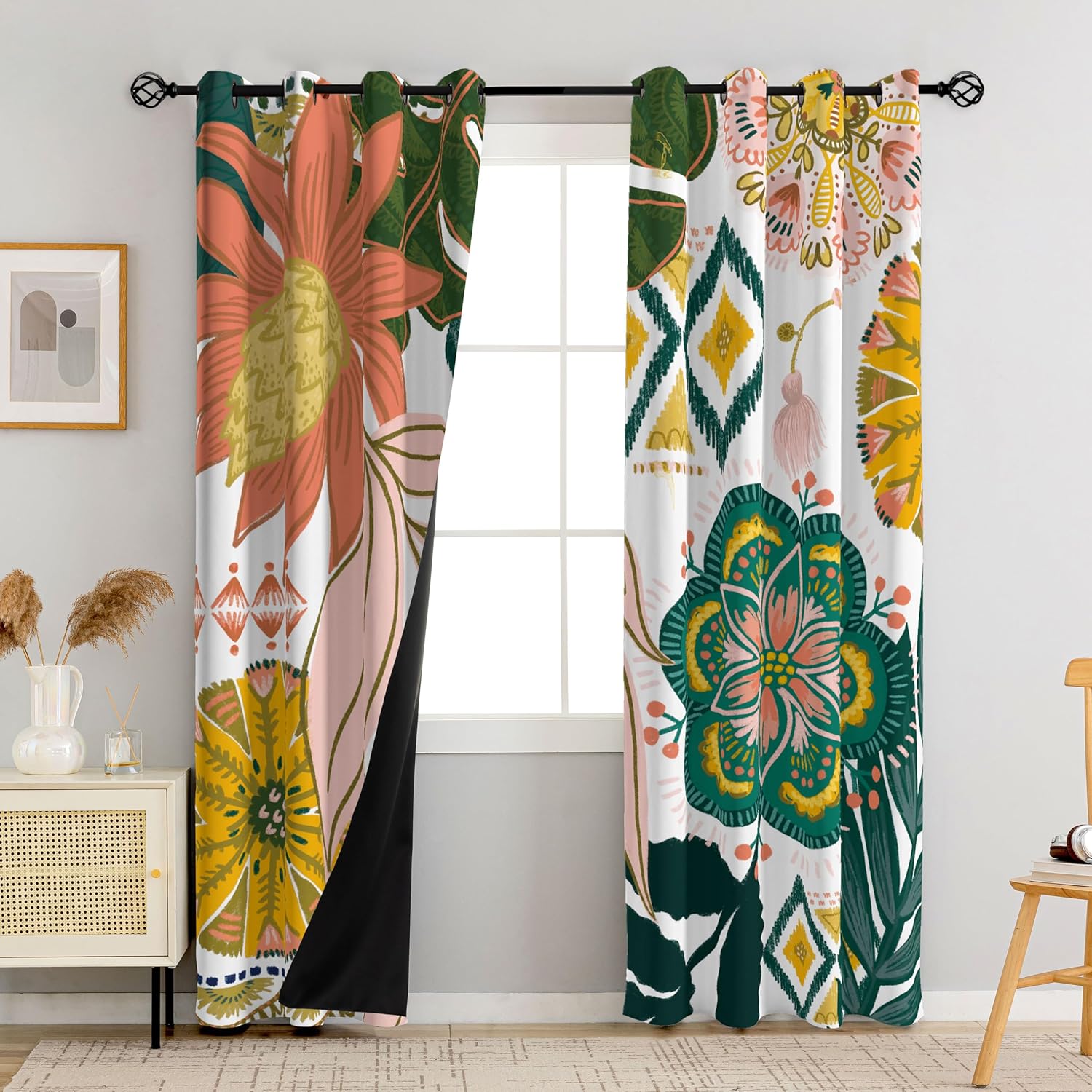 Black Boho Floral 100% Blackout Curtains for Bedroom 84 inch Long 2 Panels Mid Century Botanical Black Out Curtains for Living Room Grommet Thermal Insulated Room Darkening Window Drapes