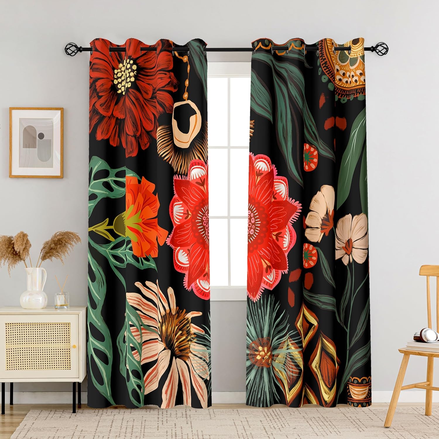 Black Boho Floral 100% Blackout Curtains for Bedroom 84 inch Long 2 Panels Mid Century Botanical Black Out Curtains for Living Room Grommet Thermal Insulated Room Darkening Window Drapes